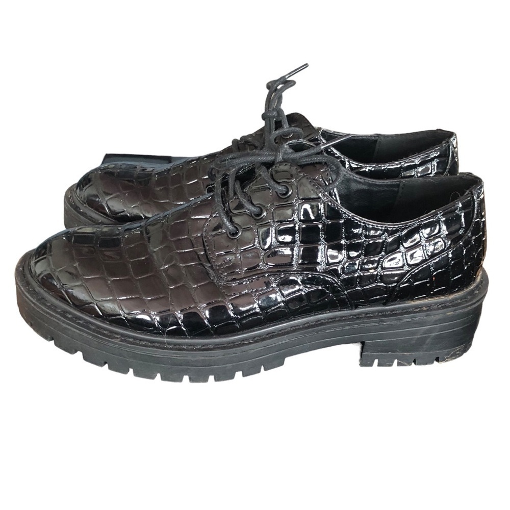 Topshop Black Patent Lug Sole Shoes, Size 40
